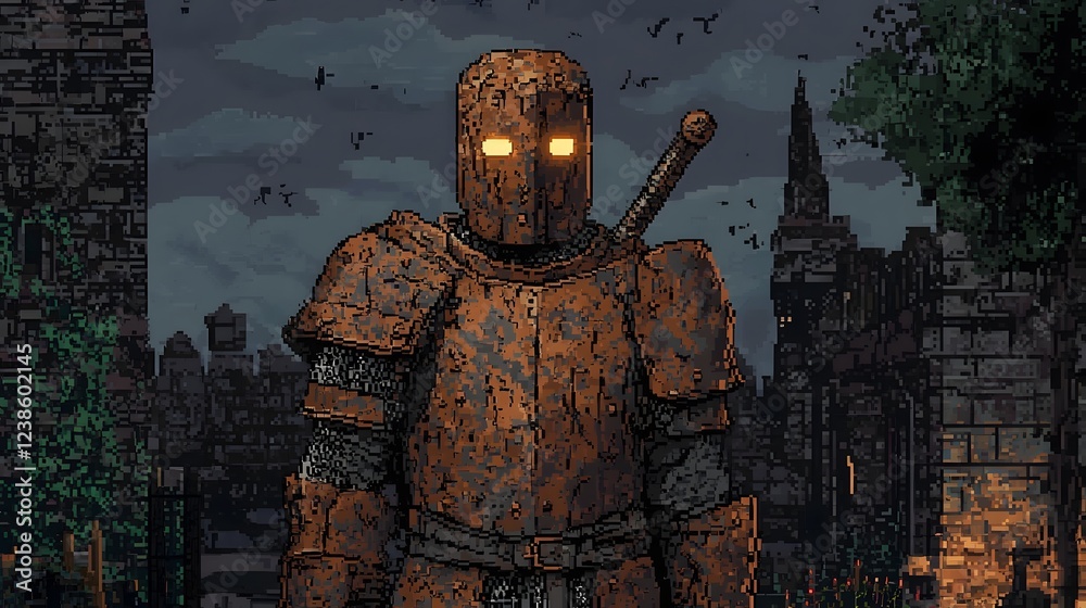 Stock-Illustration „Cursed Pixel Art Knight in Rusted Armor Amid Eerie ...