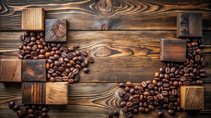 Sticker - Rustic wooden blocks and aromatic coffee beans arranged artistically on a dark wooden surface