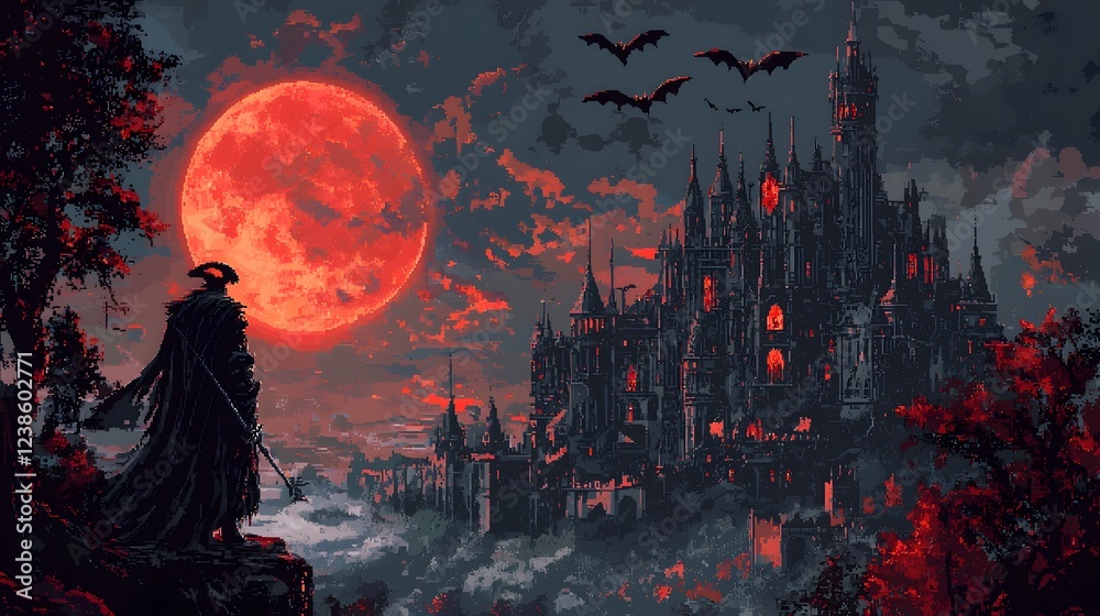 Vampire Lord in Gothic Castle under Blood-Red Moon with Bats Stock ...