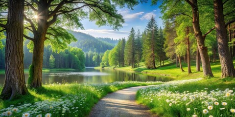 Aufkleber - Serene Lakeside Path Winding Through a Sunlit Meadow of Daisies