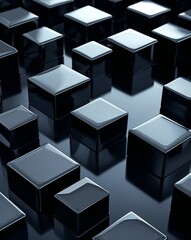 Poster - Black metallic cubes with smooth glossy reflections and a high contrast shine abstract background