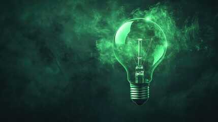 Poster - Glowing Green Light Bulb Surrounded by Mysterious Smoke on Dark Background, Symbolizing Ideas, Innovation, and Creativity in a Surreal Atmosphere