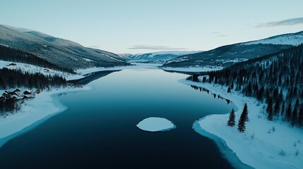 Snowy landscapes nature idea. A serene winter landscape featuring a tranquil lake surrounded by mountains and trees.