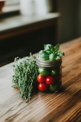 Poster - Mason jar filled with red and green cherry tomatoes and basil sits on a rustic wooden table next to a sprig of thyme. Natural light illuminates the