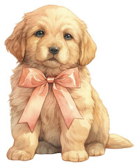 Canvas Print - PNG Coquette Golden Retriever puppy illustration animal ribbon.