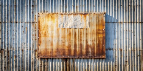 Poster - rustic corrugated metal wall with a weathered, rusty panel featuring a faded paper insert.
