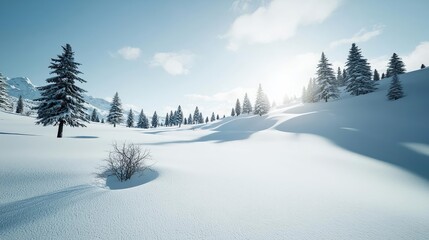 Snowy landscapes nature idea. A serene winter landscape featuring snow-covered hills and evergreen trees under a bright sky.