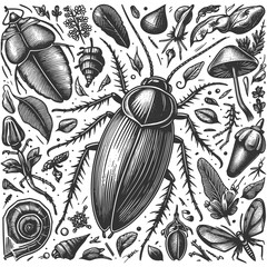 Wall Mural - insects, beetles, mushrooms, leaves, and nature elements in an engraved, woodcut style, botanical and scientific designs sketch engraving generative ai raster. Scratch board. Black and white.