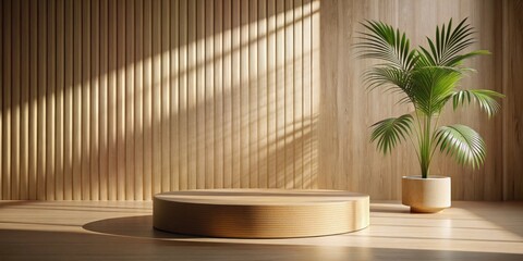 Poster - Minimalist Wooden Display Platform with Sunlight and Plant