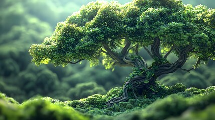 Enchanted Overgrown Tree with Diverse Ecosystems Across Its Branches