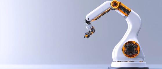 Poster - A robotic arm with orange and white design skillfully grabs a small object in a clean, well-lit workspace, showcasing advanced automation technology