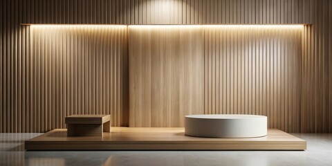 Wall Mural - Minimalist Wooden Display with Light and Cylindrical Pedestal