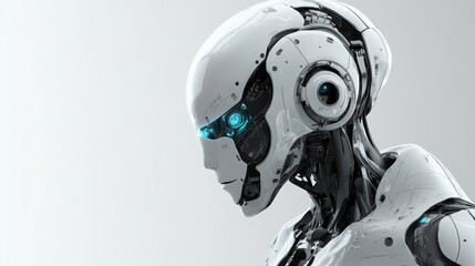 Poster - A sleek humanoid robot stands in profile, showcasing its intricate design and glowing blue eyes against a simple background, radiating futuristic technology