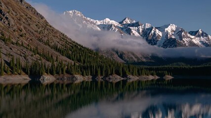 Poster - Enjoy breathtaking mountain reflections on a serene lake surrounded by lush trees and majestic peaks at sunrise
