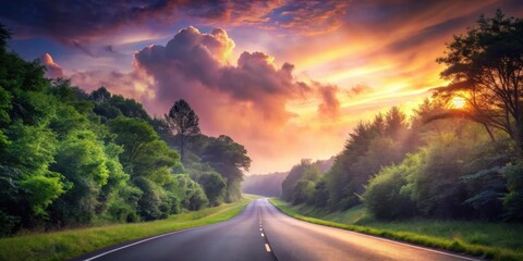 Poster - Scenic Asphalt Road Winding Through Lush Green Forest at Sunrise with Dramatic Clouds