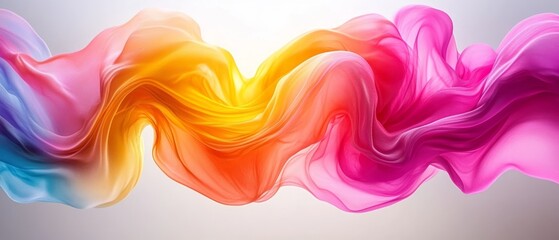 Poster - Silk fabric undulates in smooth waves, displaying a blend of bright colors including pink, orange, and blue under soft lighting, creating an energetic feel