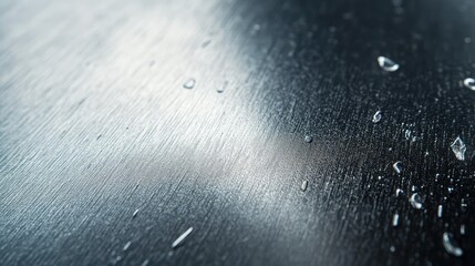 Poster - Close-up of Droplets on a Polished Metallic Surface Highlighting the Texture and Reflections of the Material with Softly Diffused Lighting Effects