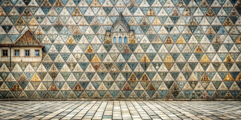 Aufkleber - A wall of triangular patterned tiles with embedded structures and an empty stone floor
