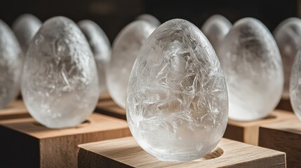 Poster - Elegant Display of Frosted Glass Eggs on Wooden Stands Showcasing Unique Textures and Artistic Design in an Aesthetic Composition for Home Decor Inspiration