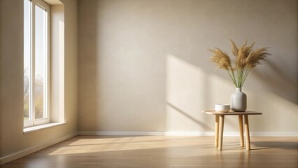 Poster - Minimalist room interior design with sunlit hardwood floor, neutral wall, and side table featuring pampas grass in a vase