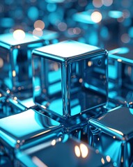 Poster - Cyan metallic cubes with mirrored surfaces and subtle glowing reflections abstract background