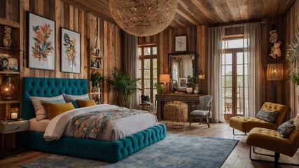 Poster - cozy and elegant bedroom with wooden accents, vibrant decor, and plush furnishings in a modern rusti
