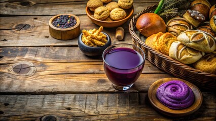 Poster - A Rustic Still Life Featuring Sweet Breads, Purple Beverage, and Spiced Pastries on a Weathered Wooden Table
