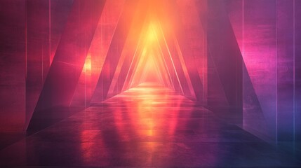 Poster - An abstract tunnel features vibrant hues of pink, purple, and orange, with light reflections creating a mesmerizing atmosphere during nighttime