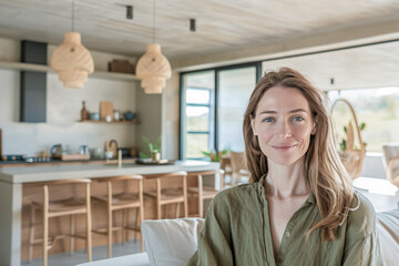 Wall Mural - Smiling woman in a modern, minimalist kitchen with natural tones, wooden furniture, and soft lighting, conveying warmth and contemporary home lifestyle