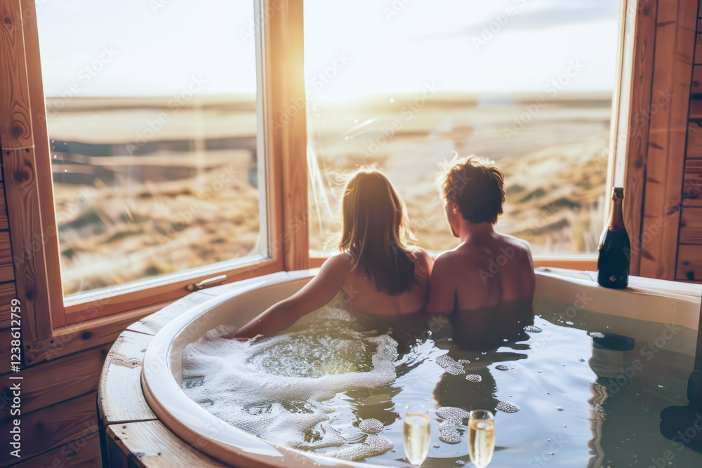 Romantic couple in a wooden hot tub with champagne, enjoying a golden ...