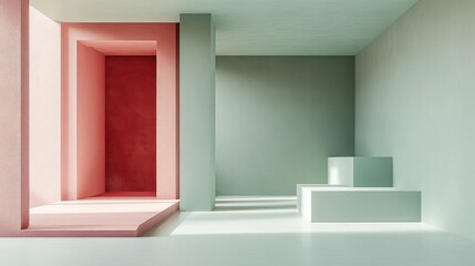Poster - Bright, airy interior showcasing pastel walls and geometric forms, creating a serene and contemporary atmosphere, ideal for artistic inspiration or relaxation