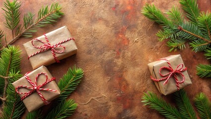 Poster - Rustic Holiday Background Featuring Wrapped Presents and Evergreen Branches