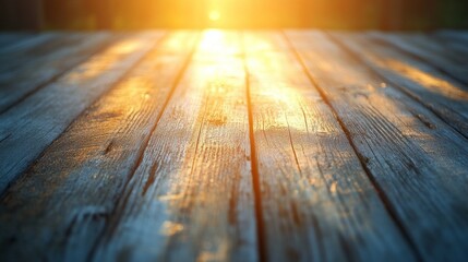 Aufkleber - Golden rays of sunlight spill over rustic wooden planks, illuminating the textures and grains of the wood. This tranquil moment captures the essence of a peaceful evening