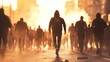 © musa - Man walking away from city riot, sunset