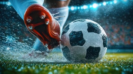 Soccer player kicking ball with power at night match close up intense shot