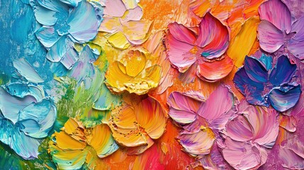 Poster - Abstract Colorful Floral Palette Knife Painting with Vibrant Flowers in Various Shades of Blue, Yellow, Pink, Orange, and Purple on Textured Background