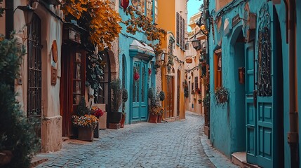 Cobblestone alley, colorful buildings, flowers, autumn leaves, travel, tourism