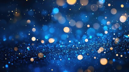 Poster - Stunning Blue and Gold Bokeh Background with Shimmering Glitter and Sparkling Light Effects for Holiday or Nighttime Themes in Photography and Design