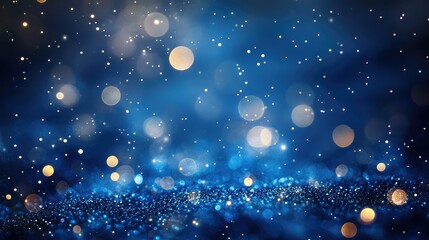 Poster - Dreamy Blue Background with Soft Bokeh Lights and Sparkling Glitter Particles Creating a Magical and Ethereal Atmosphere for Various Creative Projects