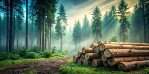 Poster - Misty Forest Path with Stacked Logs at Dawn
