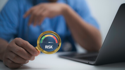 Wall Mural - Doctor analyzing healthcare risk assessment, representing predictive analysis and strategic planning in the medical field. Ensuring safety, compliance and decision-making for future security