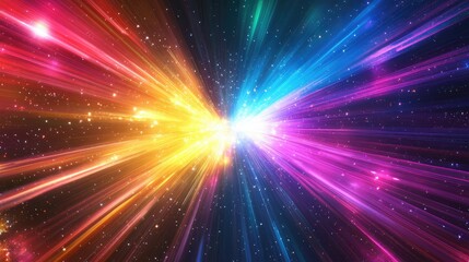 Poster - Vivid Light Rays Burst in Cosmic Space Illustrating the Beauty of the Universe with Colorful Streaks and a Starry Background for Artistic and Educational Uses