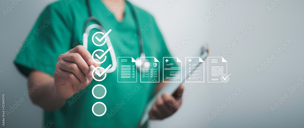 Doctor Using Checklist Doctor using a digital checklist for medical document verification ...