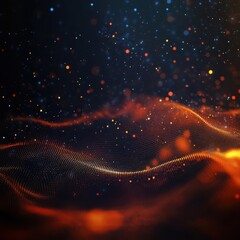 Poster - Abstract background of glowing particles and lights in dark blue, orange, and red colors. Big data visualization with digital waves and a bokeh effect. Dark abstract wallpaper.