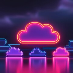Fototapete - A vibrant, neon-lit cloud design reflecting on a surface, creating a modern and futuristic atmosphere.