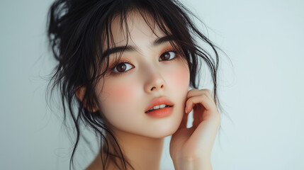 Wall Mural - Beautiful young Korean woman with natural makeup looking over her shoulder in a softly lit studio setting