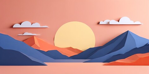 Poster - A mountain range with a lake in the foreground and a sun in the background