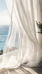 Wall Mural - Coastal retreat  effortless elegance with sheer curtains dancing in ocean breezes