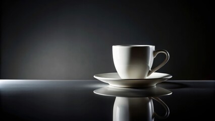 Poster - A solitary white porcelain cup and saucer rest on a reflective surface, bathed in dramatic low light