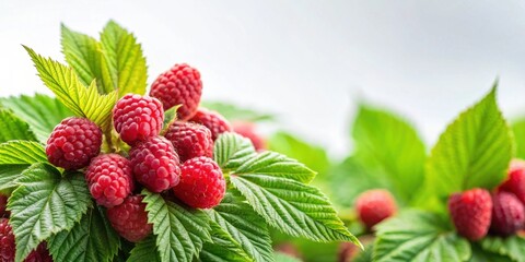 Poster - Close-up view of ripe red raspberries on a green bush, showcasing their vibrant color and natural beauty